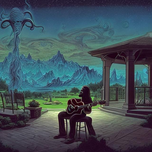 Prompt: wide view, jesus playing guitar in front of a patio gazebo barbeque grill, infinity vanishing point, Cthulhu nebula background