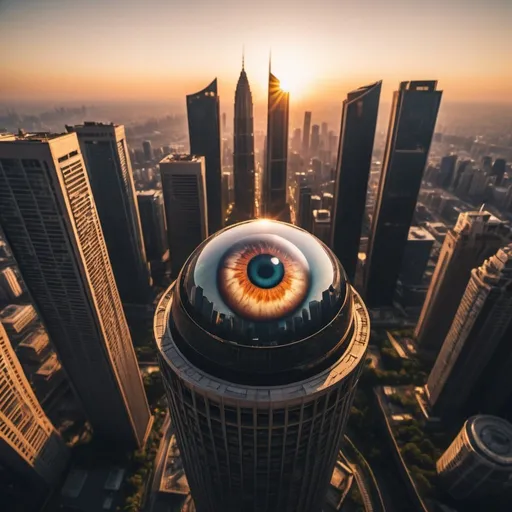 Prompt: strange 1000 meter tall supergiant elegant lush eyeball skyscraper skyline, overhead golden hour lighting, extra wide angle field of view, infinity vanishing point