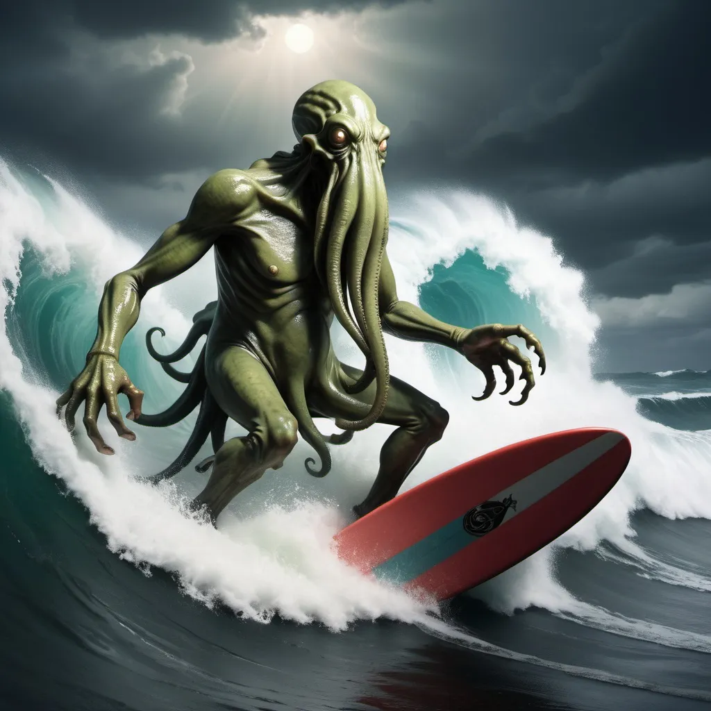 Prompt: cthulu surfing the crest of a tsunami wave, overhead lighting, wide angle view, infinity vanishing point