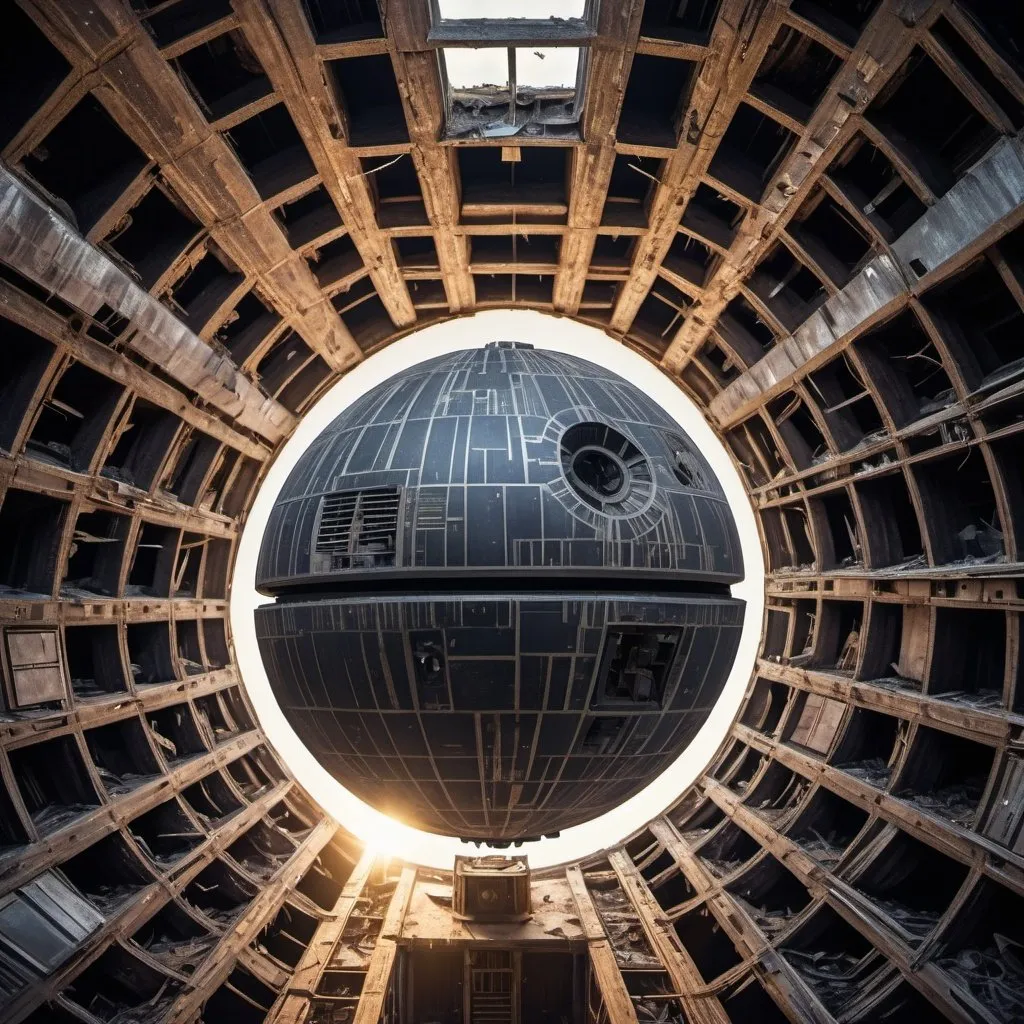 Prompt: overhead view of abandoned deathstar, golden hour overhead lighting, extra wide angle view, infinity vanishing point