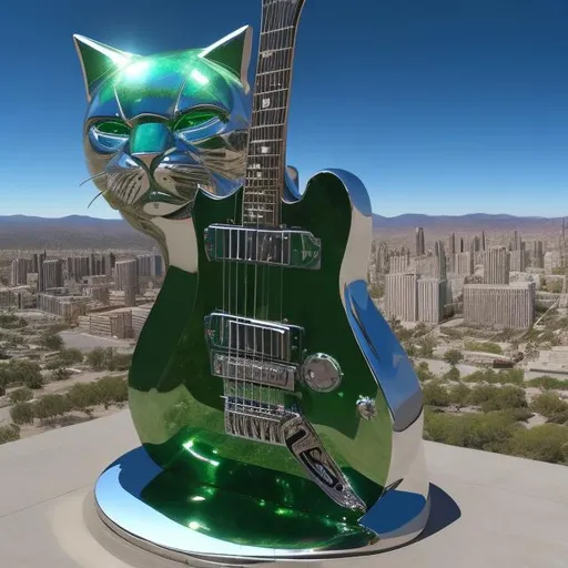 Prompt: ((((giant cat playing guitar) chrome statue inlaid with emeralds) in the style of Ron English) wide perspective view) infinity vanishing point