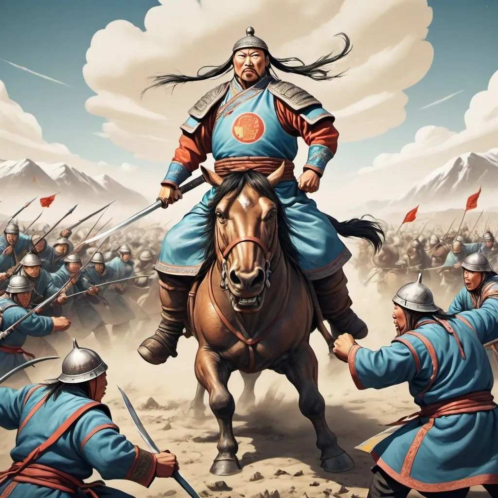 Prompt: Giant Mongol Warrior fighting against tiny western allies, extra wide angle field of view, propaganda poster style art