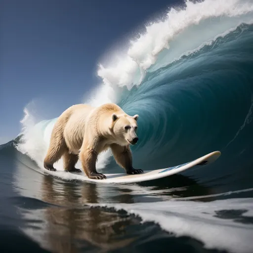Prompt: polar bear surfing the crest of a wave, overhead lighting, wide angle view, infinity vanishing point