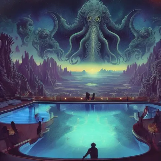 Prompt: wide view from a jesus septet playing guitars, at an exotic rooftop infinity pool, infinity vanishing point, cthulhu nebula background