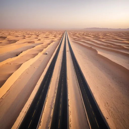 Prompt: The Line in Tabuk, Saudi Arabia. 
 overhead golden hour lighting, extra wide angle field of view, infinity vanishing point