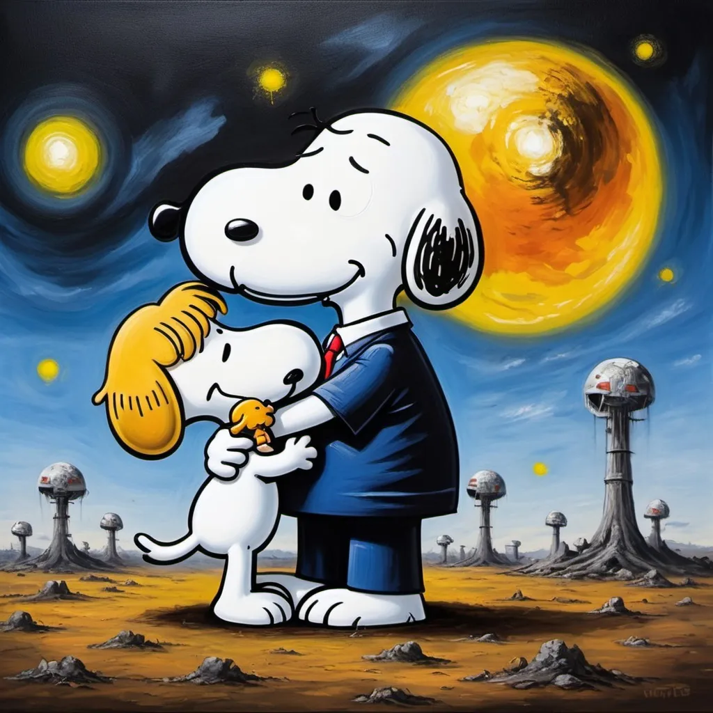 Prompt: Snoopy hugging Donald Trump, post-nuclear-age-apocalyptic-science-fiction, surreal-hallucination oil painting