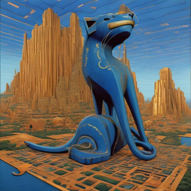 Prompt: ((((giant cat playing guitar) lapis lazuli statue inlaid with gold) in the style of Jacek Yerka) wide perspective view) infinity vanishing point