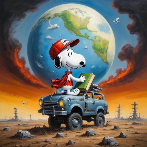 Prompt: Snoopy Saves The World, post-nuclear-age-apocalyptic-science-fiction, surreal oil painting style, book cover