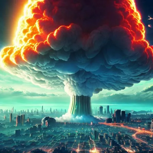 Prompt: infinite city, nuclear blast cloud background