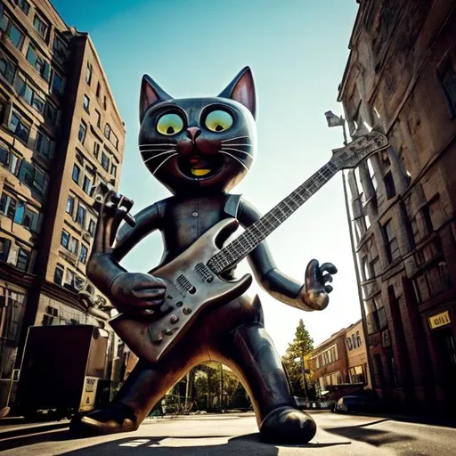 Prompt: giant metal statue of Bill the Cat playing guitar, in the style of Berkeley Breathed, widescreen view, infinity vanishing point