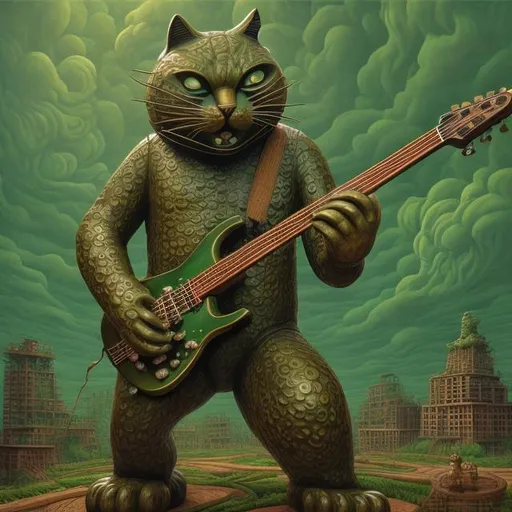Prompt: giant green bronze statue of a giant cat playing guitar, in the style of Jacek Yerka, widescreen view, infinity vanishing point