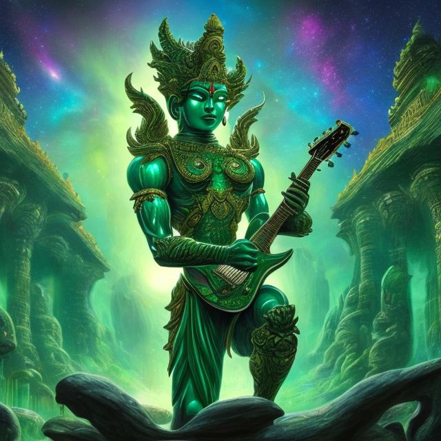 Prompt: wide view of an emerald bodybuilding vishnu playing guitar at an exotic temple, tropical jungle background, galaxy sky, infinity vanishing point