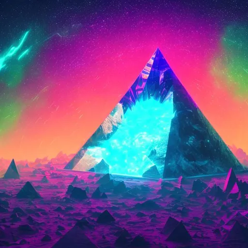 Prompt: wide view cropped image, ground point of view, giant crystal pyramid, overhead lighting, infinity vanishing point, neon green nebula background