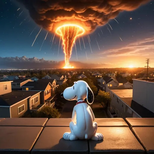 Prompt: (Snoopy watching a flaming meteor shower.) + (100 tornado funnels in the background.) + (Giant tsunami tidal waves approaching.) + (Giant city on fire.) + (Golden hour overhead lighting, extra wide angle view, infinity vanishing point.)