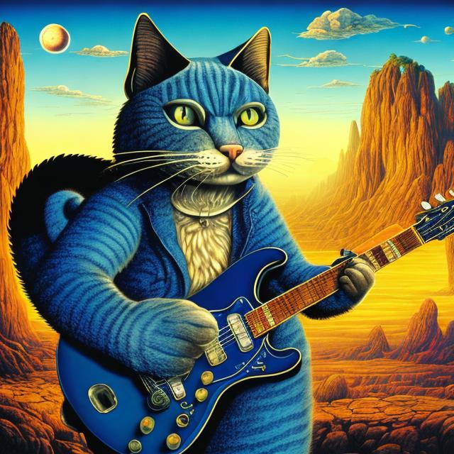 Prompt: giant Lazulite cat playing a guitar, widescreen view, infinity vanishing point, in the style of Jacek Yerka