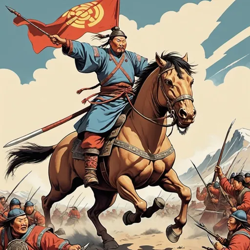 Prompt: Giant Mongol Warrior fighting tiny western allies, propaganda poster style art