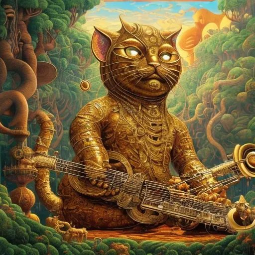 Prompt: giant gold cat playing a sitar, widescreen view, infinity vanishing point, in the style of Jacek Yerka