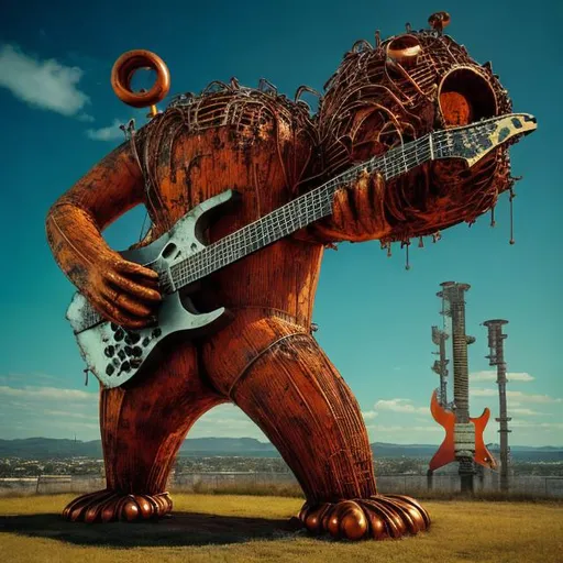 Prompt: giant rust streaked orange metal statue of a giant cat playing guitar, in the style of Jacek Yerka, widescreen view, infinity vanishing point