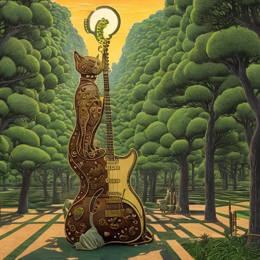 Prompt: ((((giant cat playing guitar) brass statue inlaid with emeralds) in the style of Jacek Yerka) infinity vanishing point) wide perspective view