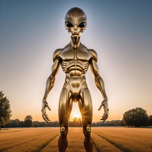 Prompt: strange giant alien statue, overhead golden hour lighting, extra wide angle field of view, infinity vanishing point