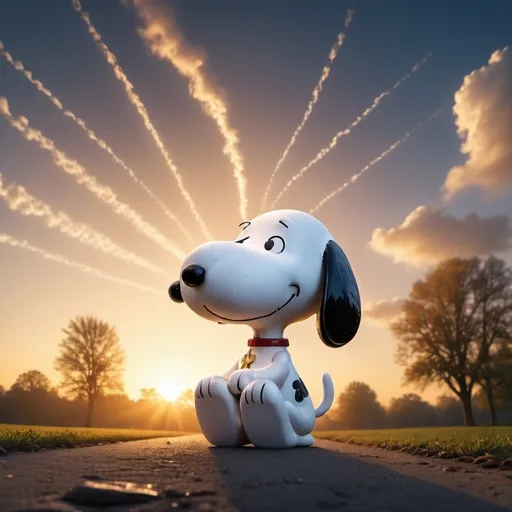 Prompt: Snoopy saving the world from artificial intelligence, distant nuclear flashes, golden hour overhead lighting, extra wide angle view, infinity vanishing point