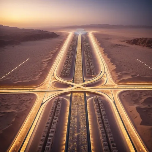 Prompt: The Line, the future linear smart city in Neom, Tabuk Province, Saudi Arabia. 
 overhead golden hour lighting, extra wide angle field of view, infinity vanishing point