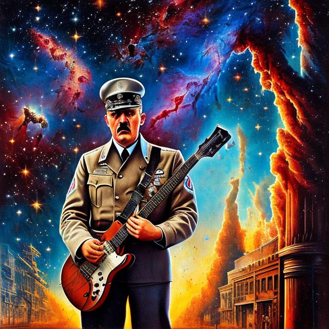 Prompt: patriotic american adolf hitler playing guitar on the street corner, infinity vanishing point, Pillars of Creation nebula background