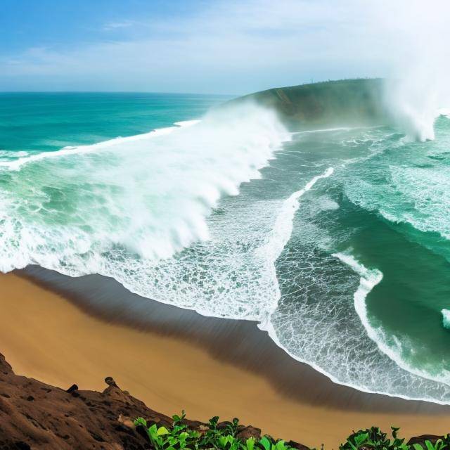 Prompt: wide panorama view, olivine green sand beach, thousand foot tall wave