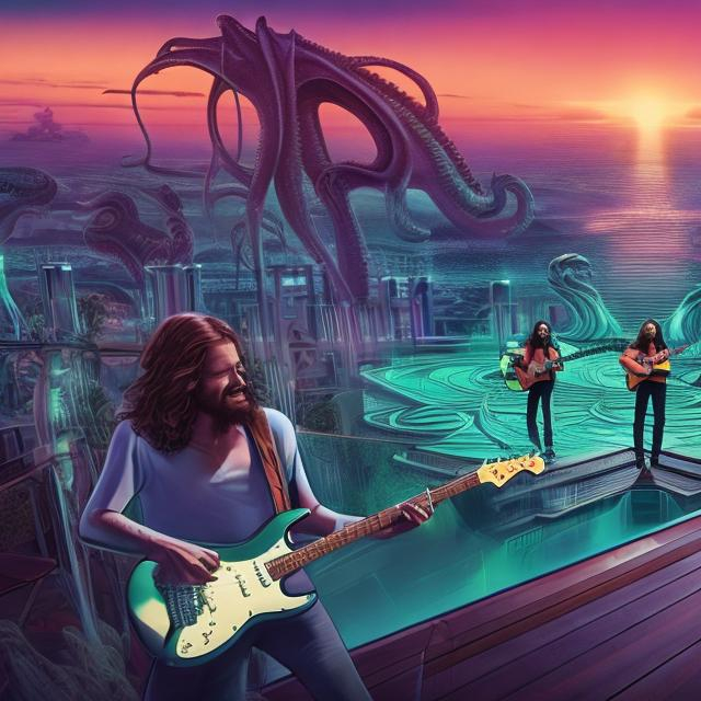 Prompt: wide view of jesus band playing guitars, at an exotic rooftop infinity pool, infinity vanishing point, cthulhu background