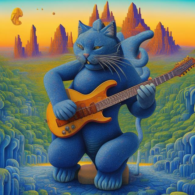 Prompt: Lapis lazuli statue of giant cat playing a guitar, widescreen view, infinity vanishing point, in the style of Jacek Yerka