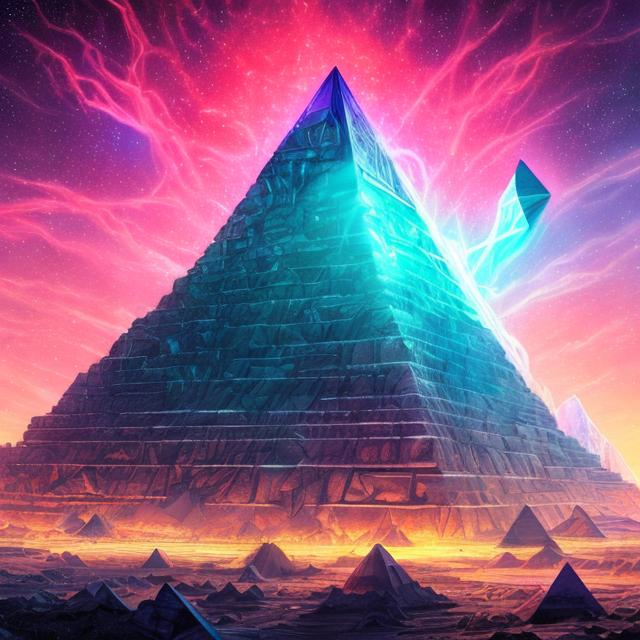 Prompt: wide view cropped image, giant crystal pyramid, overhead lighting, infinity vanishing point, neon nebula background