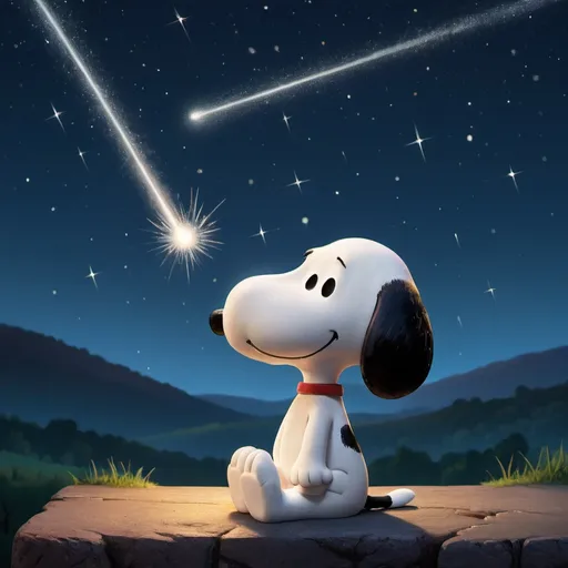Prompt: Snoopy watching a meteor shower