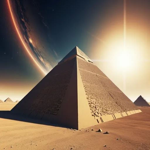 Prompt: Pyramid Power, wide angle perspective, planet surface background, infinity vanishing point