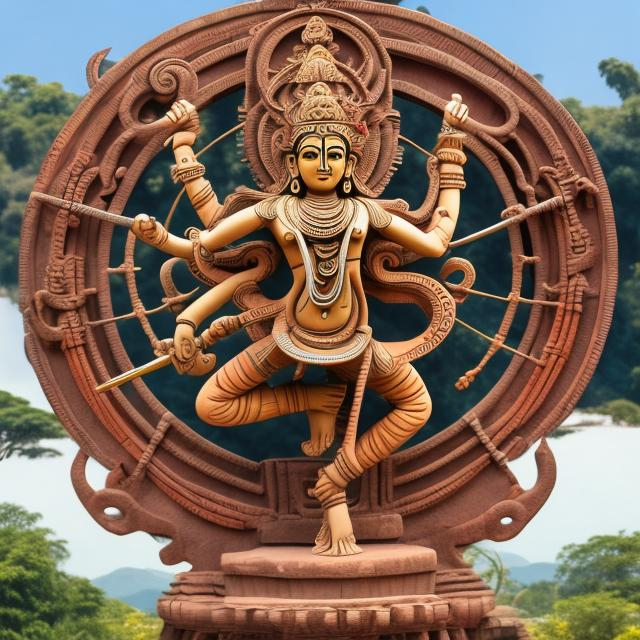 Prompt: giant dancing Nataraja statue holding many swords, landscape background