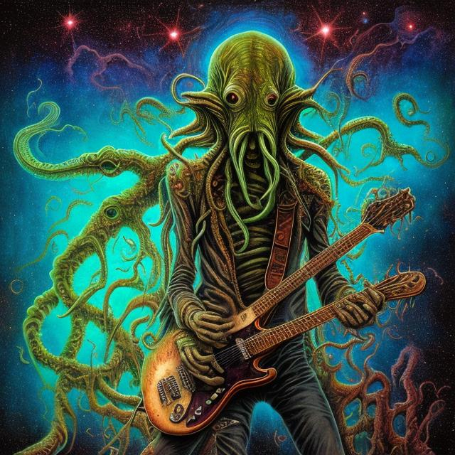 Prompt: anorexic Cthulhu playing guitar on the corner, infinity vanishing point, Pillars of Creation nebula background