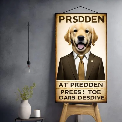 Prompt: golden retriever in suit for president poster