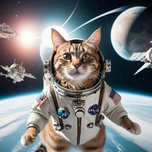 Prompt: Cat dressed as an Astronaut, floating in space outside a distant ancient surreal space station, an evil techno-planet in the background, 25 degree offset, wide angle perspective, infinity vanishing point