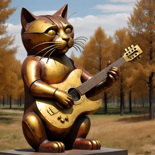 Prompt: giant rust streaked gold metal statue of a giant cat playing guitar, in the style of Jacek Yerka, widescreen view, infinity vanishing point