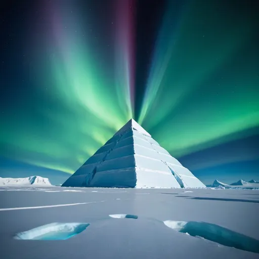 Prompt: the mysterious pyramid in antarctica, aurora borealis background, extra wide angle view, infinity vanishing point