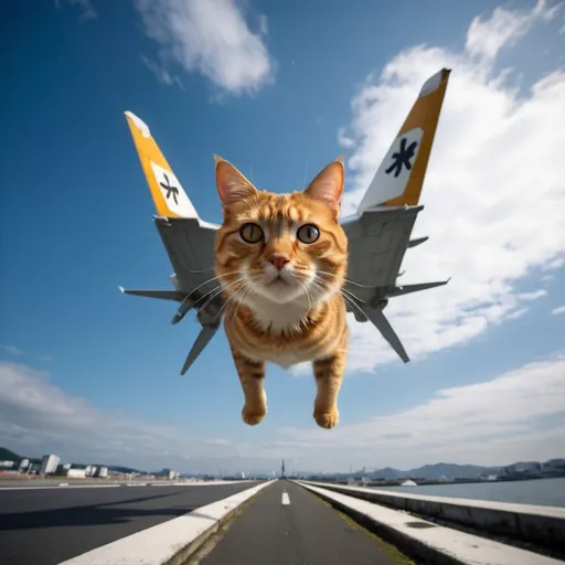 Prompt: Kamikaze Cat, flying Yokosuka MXY-7, wide angle perspective, surreal background, infinity vanishing point