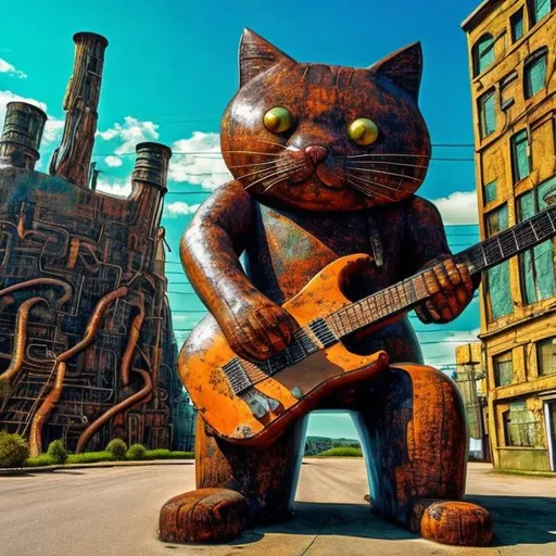 Prompt: giant rusty statue of a giant cat playing guitar, in the style of Jacek Yerka, widescreen view, infinity vanishing point