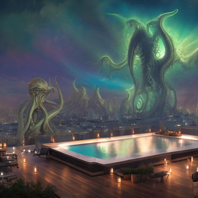 Prompt: wide view 10 feet from a 7 jesus band playing guitars, at an exotic rooftop infinity pool, infinity vanishing point, cthulhu nebula background