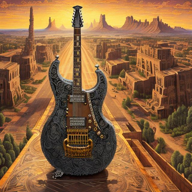 Prompt: giant engraved iron statue damascened with inlaid gold, of a giant cat playing guitar, in the style of Jacek Yerka, wide perspective view, infinity vanishing point