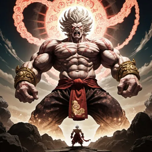 Prompt: giant Gongen Wyzen from Asura's Wrath, overhead lighting, wide angle view, surreal background proportions, infinity vanishing point