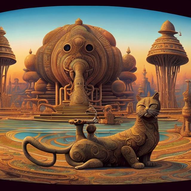 Prompt: panorama widescreen view of a giant bronze cat playing a sitar, infinity vanishing point, in the style of Jacek Yerka