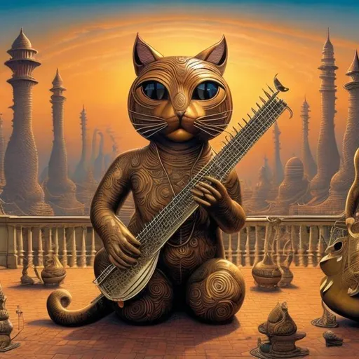 Prompt: panorama widescreen view of a giant bronze cat playing a sitar, infinity vanishing point, in the style of Jacek Yerka