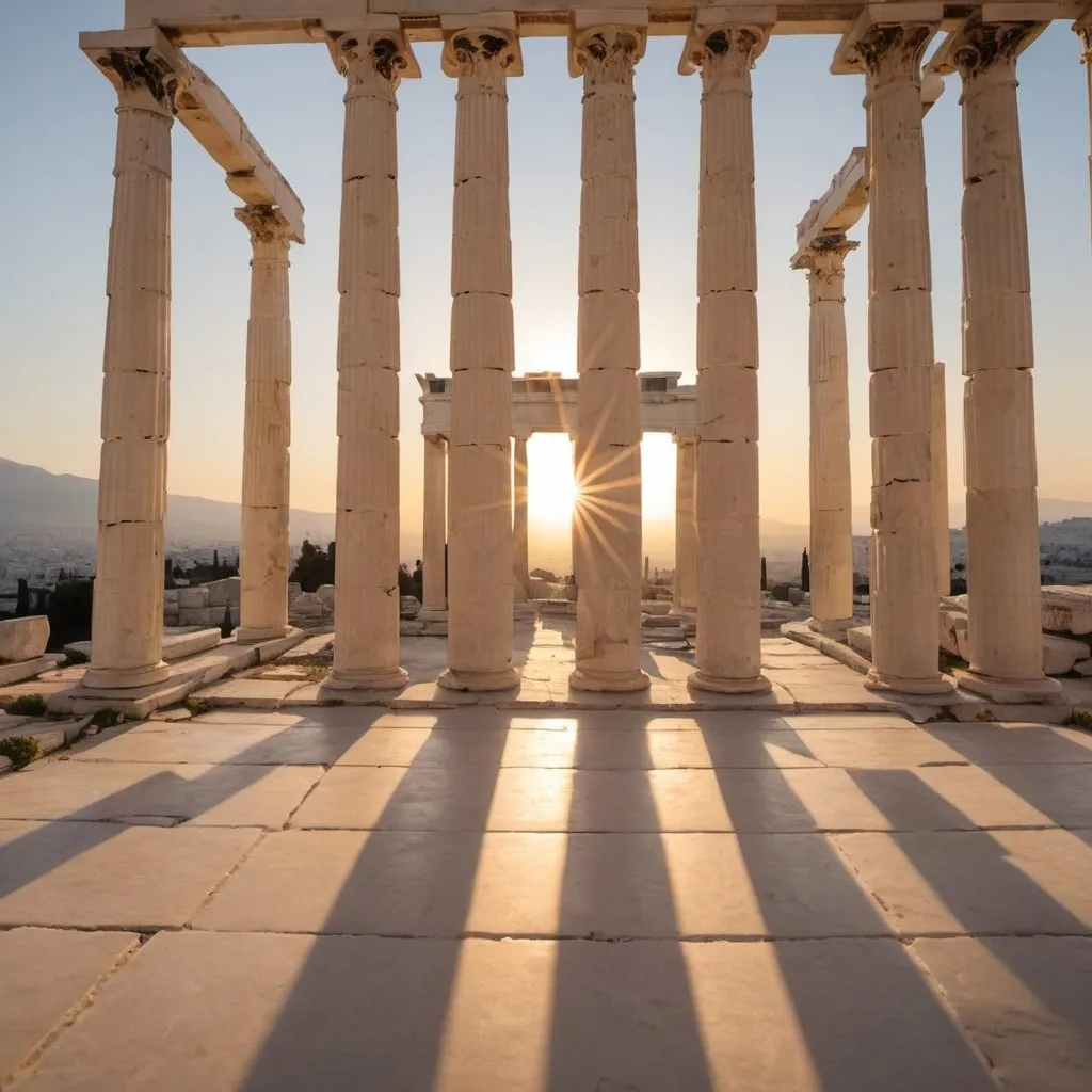 Prompt: The Porch of the Maidens at the Erechtheion, overhead golden hour lighting, extra wide angle field of view, infinity vanishing point