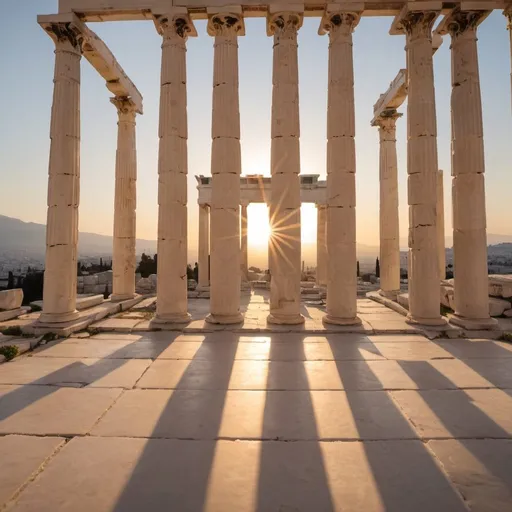 Prompt: The Porch of the Maidens at the Erechtheion, overhead golden hour lighting, extra wide angle field of view, infinity vanishing point