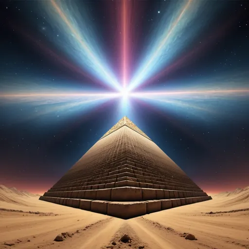 Prompt: Pyramid Power, wide angle perspective, surreal neutron star background, infinity vanishing point