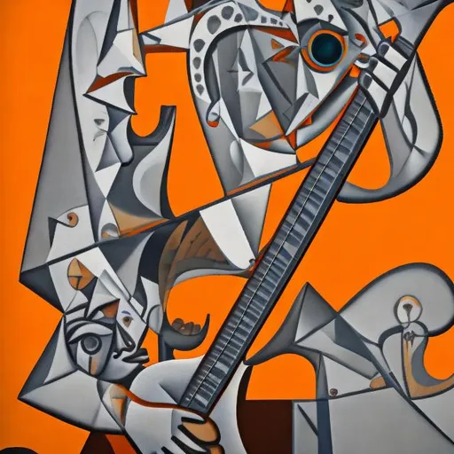 Prompt: ((((giant cat playing guitar) diamond statue inlaid with orange chrome) in the style of Pablo Picasso) wide perspective view) infinity vanishing point